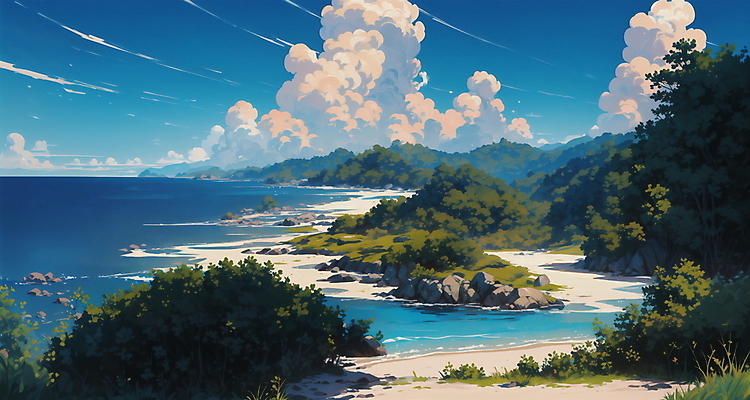 JPG 나무 구름 일러스트 자연 하늘 산 해변 사람없음 여름 모래사장 맑음 여름풍경 바위 시골 국내일러스트 AI일러스트 AI콘텐츠 자연요소 식물 계절 바다 날씨 풍경 돌_바위 생태계 파일형식 여름_계절
