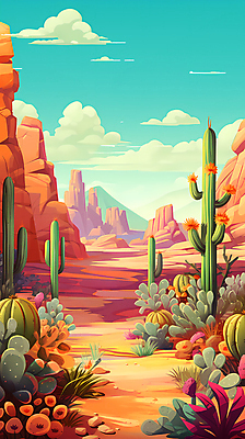 JPG 구름 길 백그라운드 일러스트 하늘 바위산 선인장 사람없음 사막 풀 디지털합성 사암 편집소스 국내일러스트 AI일러스트 AI콘텐츠 자연요소 식물 돌_바위 돌산 파일형식