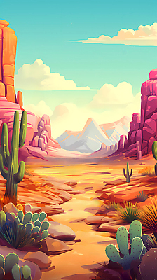 JPG 구름 길 백그라운드 일러스트 하늘 바위산 선인장 사람없음 사막 바위 풀 디지털합성 사암 편집소스 국내일러스트 AI일러스트 AI콘텐츠 자연요소 식물 돌_바위 돌산 파일형식