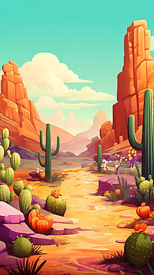 JPG 구름 길 백그라운드 일러스트 하늘 바위산 선인장 사람없음 사막 바위 풀 디지털합성 사암 편집소스 국내일러스트 AI일러스트 AI콘텐츠 자연요소 식물 돌_바위 돌산 파일형식