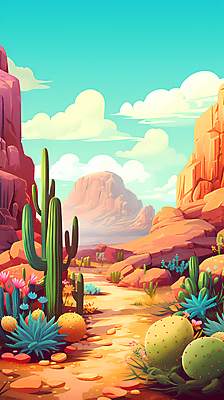 JPG 구름 길 백그라운드 일러스트 하늘 바위산 선인장 사람없음 사막 풀 디지털합성 사암 편집소스 국내일러스트 AI일러스트 AI콘텐츠 자연요소 식물 돌_바위 돌산 파일형식