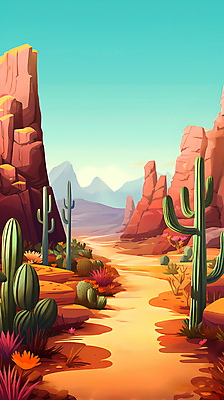 JPG 길 백그라운드 일러스트 하늘 바위산 선인장 사람없음 사막 풀 디지털합성 사암 편집소스 국내일러스트 AI일러스트 AI콘텐츠 식물 돌_바위 돌산 파일형식