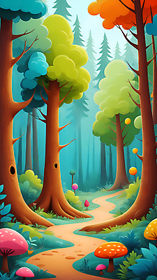 JPG 나무 백그라운드 일러스트 자연 사람없음 버섯 풀 숲속 오솔길 디지털합성 편집소스 국내일러스트 AI일러스트 AI콘텐츠 식물 길 숲 생태계 파일형식