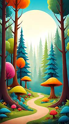 JPG 나무 백그라운드 일러스트 자연 사람없음 태양 버섯 풀 숲속 오솔길 디지털합성 편집소스 국내일러스트 AI일러스트 AI콘텐츠 자연요소 식물 길 숲 생태계 파일형식