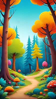JPG 나무 백그라운드 일러스트 자연 하늘 사람없음 버섯 풀 숲속 오솔길 디지털합성 편집소스 국내일러스트 AI일러스트 AI콘텐츠 식물 길 숲 생태계 파일형식