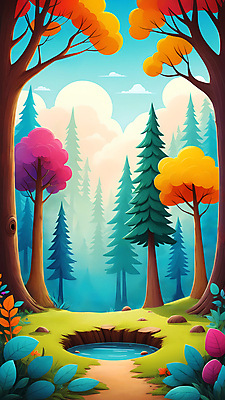 JPG 나무 구름 백그라운드 일러스트 자연 하늘 사람없음 조약돌 풀 숲속 디지털합성 웅덩이 편집소스 국내일러스트 AI일러스트 AI콘텐츠 자연요소 식물 돌_바위 숲 생태계 파일형식