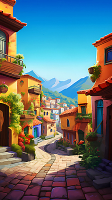 JPG 꽃 화분 일러스트 산 주택 사람없음 건물 마을 풀 골목길 디지털합성 주택가 편집소스 국내일러스트 AI일러스트 AI콘텐츠 식물 건축물 길 파일형식