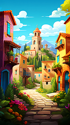 JPG 나무 구름 꽃 화분 일러스트 주택 사람없음 건물 마을 풀 골목길 디지털합성 주택가 편집소스 국내일러스트 AI일러스트 AI콘텐츠 자연요소 식물 건축물 길 파일형식