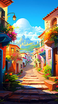 JPG 구름 꽃 화분 일러스트 주택 사람없음 건물 계단 마을 풀 골목길 디지털합성 주택가 오르막 편집소스 국내일러스트 AI일러스트 AI콘텐츠 자연요소 식물 건축물 길 파일형식