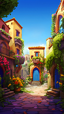 JPG 꽃 화분 일러스트 주택 사람없음 건물 마을 풀 골목길 디지털합성 주택가 편집소스 국내일러스트 AI일러스트 AI콘텐츠 식물 건축물 길 파일형식