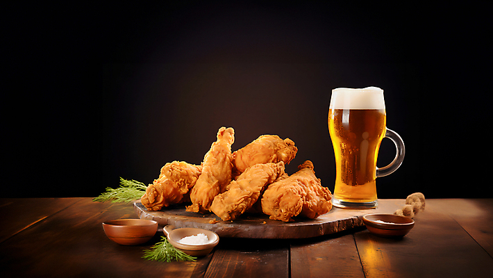 JPG 편집이미지 맥주 사람없음 치킨 프라이드치킨 닭고기 튀김 소스 허브 나무도마 닭고기요리 치맥 편집실사 AI포토 AI콘텐츠 식물 음식 도마 주류 육류 목재 양념 CG 파일형식
