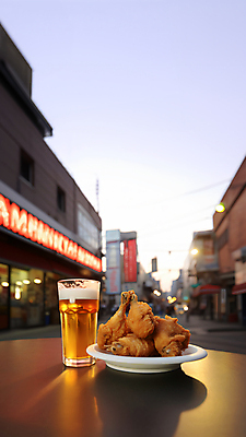 JPG 편집이미지 거리 맥주 사람없음 상점 치킨 프라이드치킨 닭고기 튀김 닭고기요리 블러효과 치맥 편집실사 AI포토 AI콘텐츠 음식 주류 육류 CG 블러 파일형식 효과