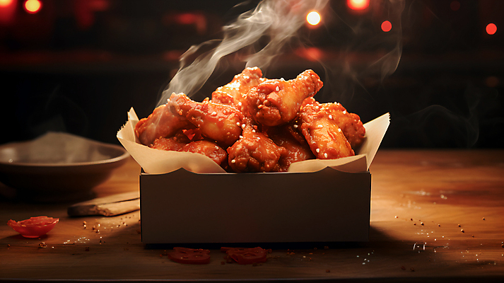 JPG 편집이미지 사람없음 상자 치킨 양념치킨 닭고기 튀김 연기 닭고기요리 편집실사 AI포토 AI콘텐츠 음식 육류 CG 파일형식