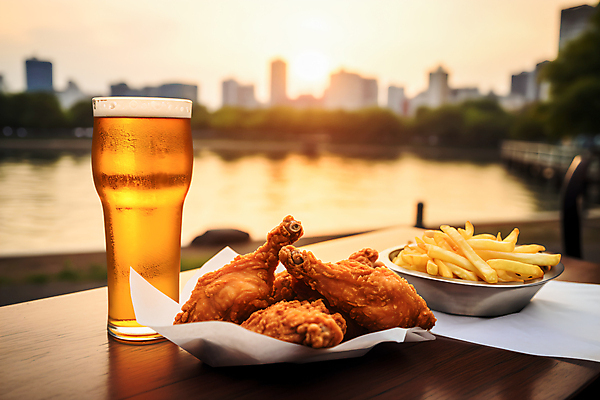 JPG 편집이미지 맥주 사람없음 강 치킨 프라이드치킨 닭고기 일몰 튀김 감자튀김 닭고기요리 블러효과 치맥 편집실사 AI포토 AI콘텐츠 음식 감자 주류 육류 노을 CG 블러 파일형식 효과