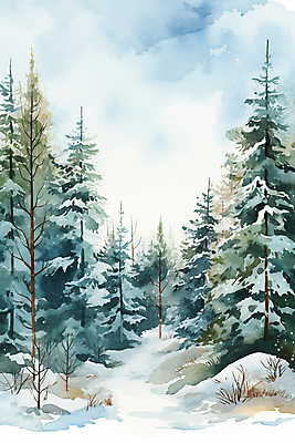 JPG 백그라운드 겨울 일러스트 자연 수채화 사람없음 소나무 풀 숲속 숲길 눈내림 겨울풍경 국내일러스트 AI일러스트 AI콘텐츠 나무 식물 계절 길 눈_날씨 풍경 숲 생태계 파일형식