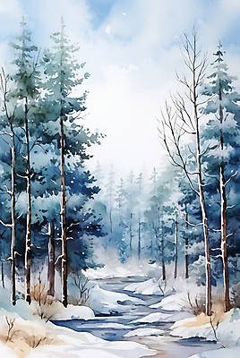 JPG 백그라운드 겨울 일러스트 자연 수채화 사람없음 눈 소나무 풀 개울 숲속 겨울풍경 눈덮임 국내일러스트 AI일러스트 AI콘텐츠 자연요소 나무 식물 계절 컨셉 날씨 풍경 강 숲 생태계 파일형식