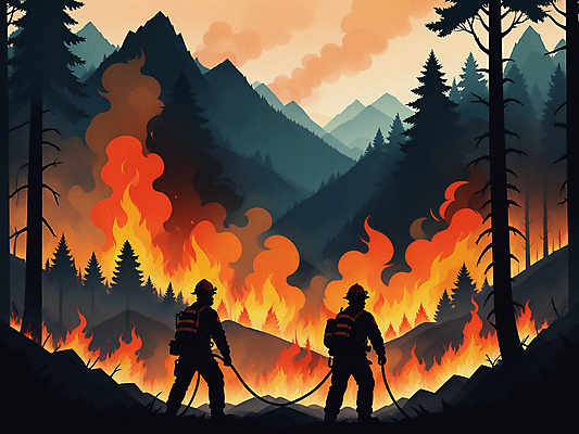 JPG 전신 나무 실루엣 일러스트 불 불꽃 사람 두명 피해 진화 연기 소방관 자연재해 화재 산속 산불 소방호스 국내일러스트 AI일러스트 AI콘텐츠 자연요소 식물 산 촬영기법 구조원 소방 사건 재해 호스 파일형식