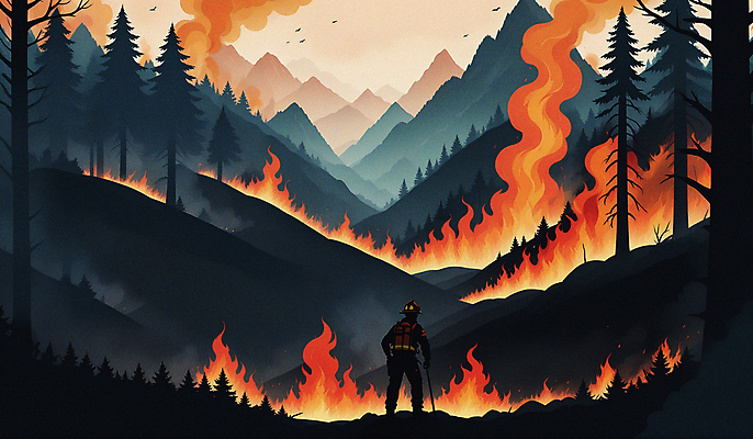 JPG 전신 나무 실루엣 일러스트 불꽃 한명 사람 피해 진화 연기 소방관 자연재해 화재 산속 산불 국내일러스트 AI일러스트 AI콘텐츠 식물 1 불 산 촬영기법 구조원 소방 사건 재해 파일형식