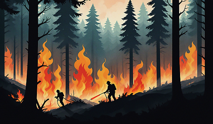 JPG 전신 나무 실루엣 일러스트 불 불꽃 사람 두명 피해 진화 연기 숲 소방관 소방 자연재해 화재 산불 소방호스 국내일러스트 AI일러스트 AI콘텐츠 자연요소 식물 촬영기법 구조원 사건 재해 호스 파일형식