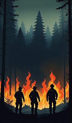 JPG 전신 실루엣 일러스트 불 불꽃 사람 세명 피해 진화 연기 숲 소방관 자연재해 화재 산불 국내일러스트 AI일러스트 AI콘텐츠 자연요소 촬영기법 구조원 소방 사건 재해 파일형식