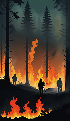 JPG 전신 실루엣 일러스트 불꽃 사람 세명 피해 진화 연기 숲 소방관 자연재해 화재 산불 소방호스 국내일러스트 AI일러스트 AI콘텐츠 불 촬영기법 구조원 소방 사건 재해 호스 파일형식