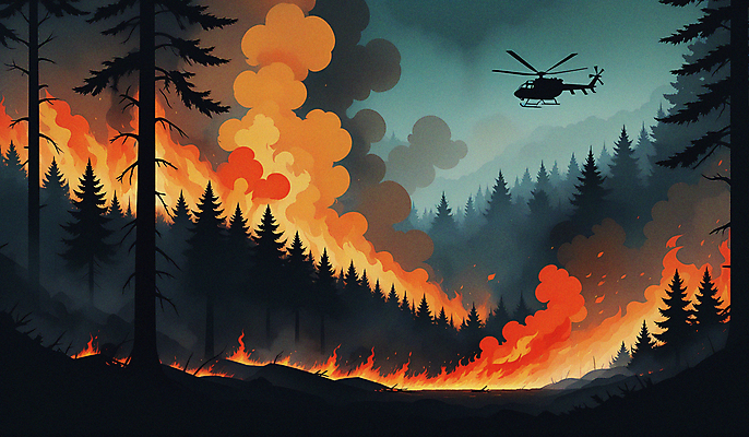 JPG 나무 실루엣 일러스트 불 불꽃 사람없음 피해 진화 연기 헬리콥터 숲 자연재해 화재 산불 소방헬리콥터 국내일러스트 AI일러스트 AI콘텐츠 자연요소 식물 비행기 촬영기법 소방 사건 재해 파일형식