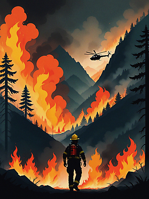 JPG 전신 남자 실루엣 일러스트 불 불꽃 한명 성인 피해 진화 연기 헬리콥터 숲 소방관 자연재해 화재 산불 소방헬리콥터 성인남자한명만 국내일러스트 AI일러스트 AI콘텐츠 자연요소 1 비행기 촬영기법 사람 구조원 소방 사건 재해 남자한명만 성인남자만 파일형식