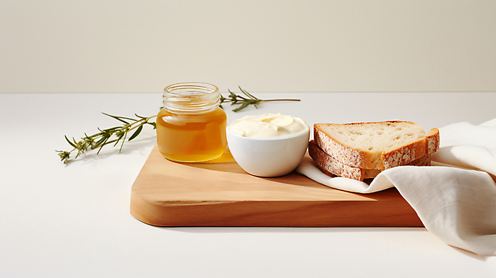 JPG 편집이미지 음식 디저트 사람없음 보자기 바게트 디지털합성 꿀 나무도마 크림치즈 터키음식 풀꽃 카이막 편집실사 AI포토 AI콘텐츠 꽃 빵 치즈 유제품 도마 목재 CG 동양음식 파일형식 천_직물 튀르키예