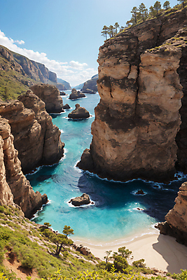 JPG 나무 구름 편집이미지 바다 자연 하늘 풍경 사람없음 물 모래사장 맑음 바위 숲 비경 절벽바위 편집실사 AI포토 AI콘텐츠 자연요소 식물 날씨 돌_바위 바위_돌 CG 생태계 파일형식