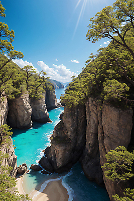 JPG 나무 구름 편집이미지 바다 자연 하늘 풍경 사람없음 물 모래사장 숲 비경 절벽바위 편집실사 AI포토 AI콘텐츠 자연요소 식물 바위_돌 CG 생태계 파일형식