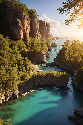 JPG 나무 구름 편집이미지 바다 자연 하늘 풍경 사람없음 물 햇빛 일몰 숲 비경 절벽바위 편집실사 AI포토 AI콘텐츠 자연요소 식물 태양 노을 바위_돌 CG 생태계 파일형식