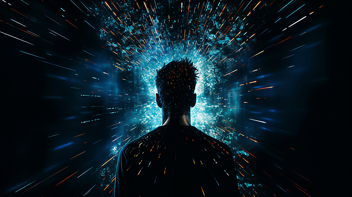 JPG 편집이미지 남자 실루엣 한명 상반신 성인 뒷모습 그래픽 파란색 빛 어둠 스마트 충격 성인남자한명만 이미지편집 편집실사 AI컴퓨터그래픽 AI콘텐츠 1 뷰포인트 컬러 컨셉 촬영기법 사람 CG 남자한명만 성인남자만 파일형식