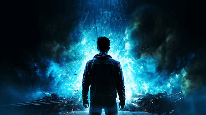 JPG 편집이미지 남자 실루엣 한명 상반신 성인 뒷모습 그래픽 파란색 빛 어둠 스마트 충격 성인남자한명만 이미지편집 편집실사 AI컴퓨터그래픽 AI콘텐츠 1 뷰포인트 컬러 컨셉 촬영기법 사람 CG 남자한명만 성인남자만 파일형식