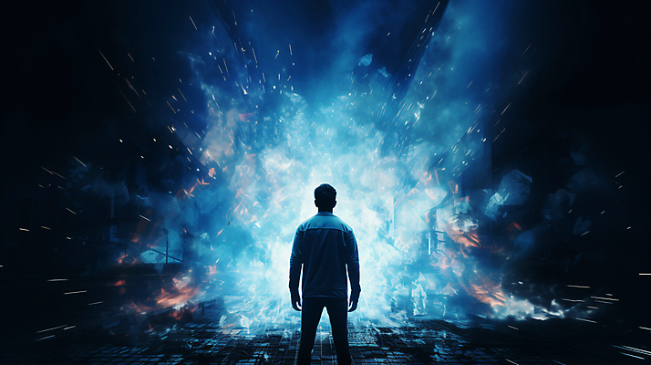 JPG 편집이미지 남자 실루엣 한명 상반신 성인 뒷모습 그래픽 파란색 빛 어둠 스마트 충격 성인남자한명만 이미지편집 편집실사 AI컴퓨터그래픽 AI콘텐츠 1 뷰포인트 컬러 컨셉 촬영기법 사람 CG 남자한명만 성인남자만 파일형식