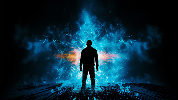 JPG 편집이미지 남자 실루엣 한명 상반신 성인 뒷모습 그래픽 파란색 빛 어둠 스마트 충격 성인남자한명만 이미지편집 편집실사 AI컴퓨터그래픽 AI콘텐츠 1 뷰포인트 컬러 컨셉 촬영기법 사람 CG 남자한명만 성인남자만 파일형식