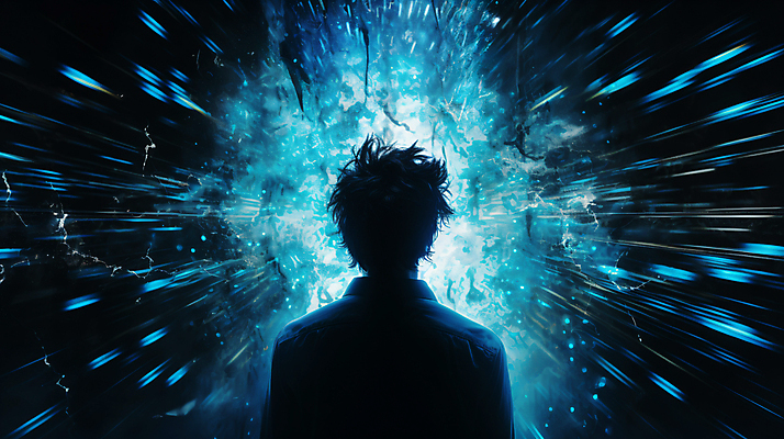 JPG 편집이미지 남자 실루엣 한명 상반신 성인 뒷모습 그래픽 파란색 빛 어둠 폭발 스마트 충격 성인남자한명만 이미지편집 편집실사 AI컴퓨터그래픽 AI콘텐츠 1 뷰포인트 컬러 컨셉 촬영기법 사람 CG 남자한명만 성인남자만 파일형식