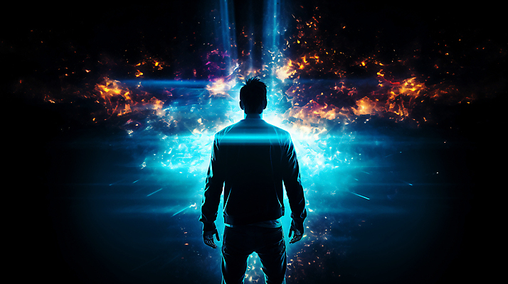 JPG 편집이미지 남자 실루엣 한명 상반신 성인 뒷모습 그래픽 파란색 빛 어둠 스마트 충격 성인남자한명만 이미지편집 편집실사 AI컴퓨터그래픽 AI콘텐츠 1 뷰포인트 컬러 컨셉 촬영기법 사람 CG 남자한명만 성인남자만 파일형식