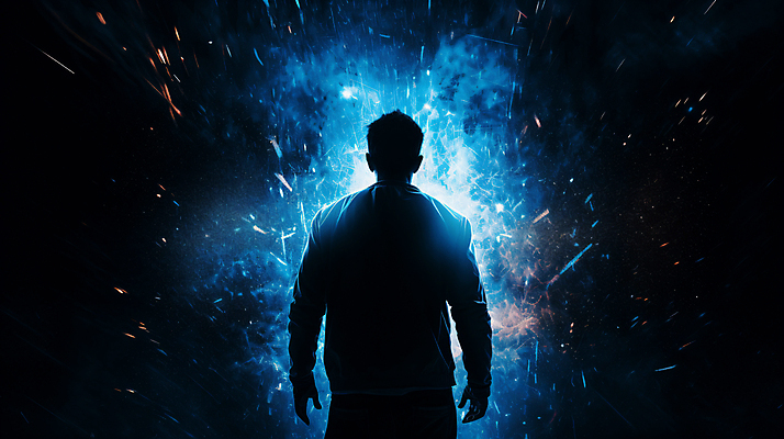 JPG 편집이미지 남자 실루엣 한명 상반신 성인 뒷모습 그래픽 파란색 빛 어둠 스마트 충격 성인남자한명만 이미지편집 편집실사 AI컴퓨터그래픽 AI콘텐츠 1 뷰포인트 컬러 컨셉 촬영기법 사람 CG 남자한명만 성인남자만 파일형식