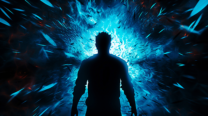 JPG 편집이미지 남자 실루엣 한명 상반신 성인 뒷모습 그래픽 파란색 빛 어둠 스마트 충격 성인남자한명만 이미지편집 편집실사 AI컴퓨터그래픽 AI콘텐츠 1 뷰포인트 컬러 컨셉 촬영기법 사람 CG 남자한명만 성인남자만 파일형식