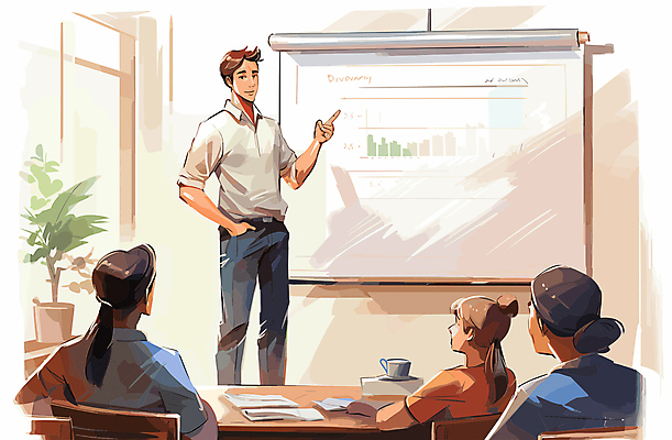 전신 여자 남자 의자 일러스트 회사 회의 앉기 여러명 상반신 성인 칠판 가리킴 비즈니스맨 비즈니스우먼 발표 책상 회의실 직원 주머니손 롤스크린 성인만 국내일러스트 AI파일 가구 다수 비즈니스 모션 사람 손짓 스크린 직장인 파일형식 벡터