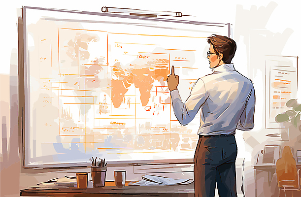 남자 일러스트 회의 한명 상반신 성인 칠판 가리킴 업무 비즈니스맨 분석 회의실 직원 화이트보드 성인남자한명만 국내일러스트 AI파일 1 컨셉 비즈니스 사람 손짓 작업 직장인 남자한명만 성인남자만 파일형식 벡터