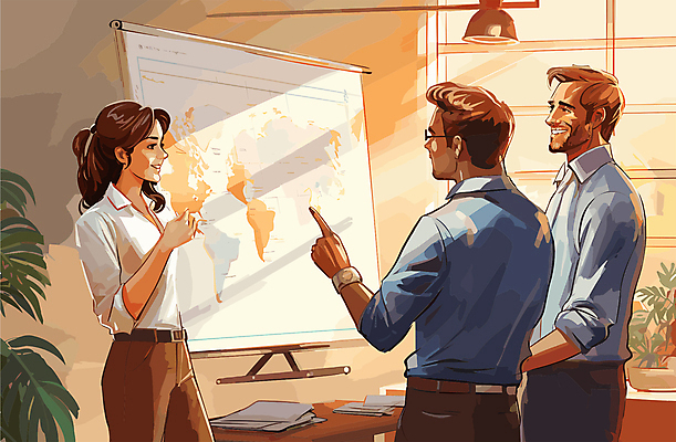 여자 남자 일러스트 회의 협력 웃음 상반신 성인 세명 칠판 가리킴 업무 비즈니스맨 비즈니스우먼 발표 동료 회의실 직원 성인만 국내일러스트 AI파일 비즈니스 관계 표정 사람 손짓 작업 직장인 파일형식 벡터