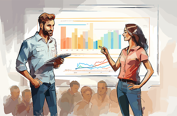 여자 남자 일러스트 회의 그래프 들기 상반신 성인 두명 칠판 가리킴 비즈니스맨 비즈니스우먼 발표 회의실 직원 문서 성인만 국내일러스트 AI파일 비즈니스 모션 사람 손짓 직장인 파일형식 벡터