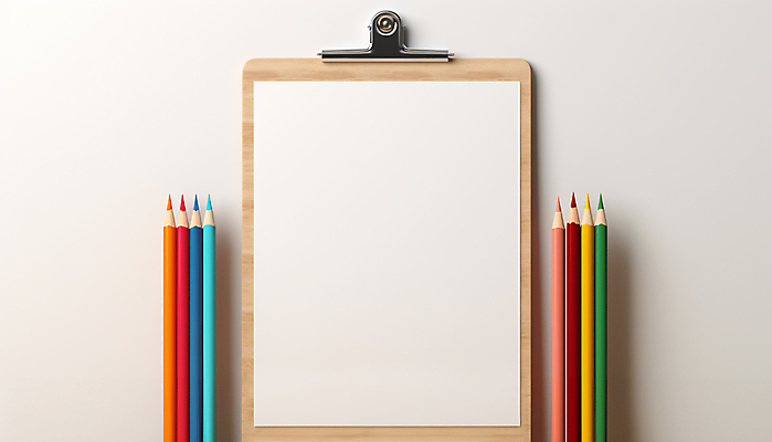 JPG 편집이미지 종이 색연필 사람없음 흰색 메뉴판 서류판 목업 카피스페이스 편집실사 AI포토 AI콘텐츠 컬러 학용품 사무용품 공백 CG 파일형식