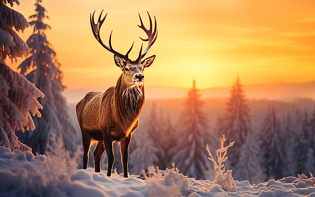 JPG 나무 편집이미지 겨울 자연 사슴 풍경 사람없음 노을 주황색 눈 숲 눈덮임 편집실사 AI포토 AI콘텐츠 자연요소 식물 계절 컬러 컨셉 포유류 날씨 CG 생태계 파일형식