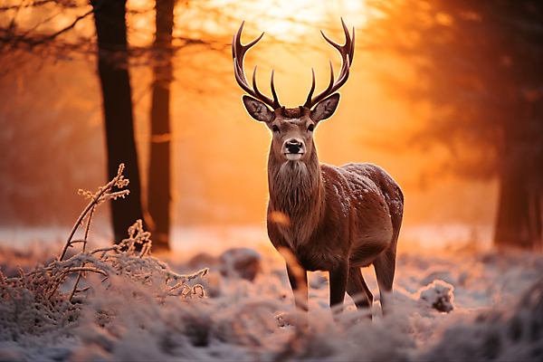 JPG 나무 편집이미지 겨울 자연 사슴 풍경 사람없음 노을 주황색 눈 숲 눈덮임 편집실사 AI포토 AI콘텐츠 자연요소 식물 계절 컬러 컨셉 포유류 날씨 CG 생태계 파일형식