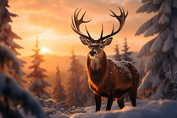 JPG 나무 편집이미지 겨울 자연 사슴 풍경 사람없음 노을 주황색 눈 숲 눈덮임 편집실사 AI포토 AI콘텐츠 자연요소 식물 계절 컬러 컨셉 포유류 날씨 CG 생태계 파일형식