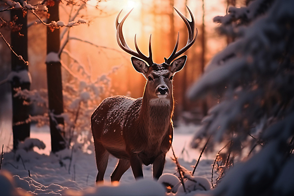 JPG 나무 편집이미지 겨울 자연 사슴 풍경 사람없음 노을 주황색 눈 숲 눈덮임 편집실사 AI포토 AI콘텐츠 자연요소 식물 계절 컬러 컨셉 포유류 날씨 CG 생태계 파일형식