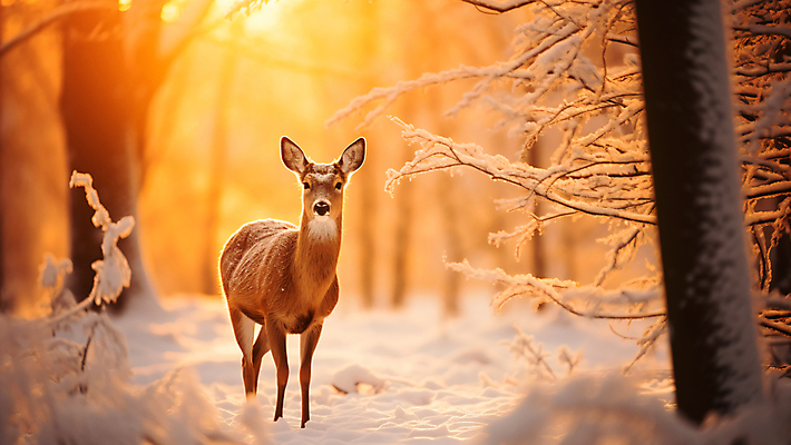 JPG 나무 편집이미지 겨울 자연 사슴 풍경 사람없음 노을 주황색 눈 숲 눈덮임 편집실사 AI포토 AI콘텐츠 자연요소 식물 계절 컬러 컨셉 포유류 날씨 CG 생태계 파일형식