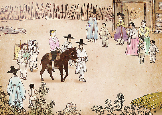 전신 PSD 서양인 여자 남자 어린이 일러스트 붓터치 소년 여러명 성인 마을 승차 한복 조선시대 동양화 구경 과거 양반 평민 당나귀 선교사 노비 베이지색 선교활동 국내일러스트 외국인 한국전통 종교 컬러 다수 컨셉 모션 미술 사람 말_동물 기독교인 역사 전통의상 신분 파일형식